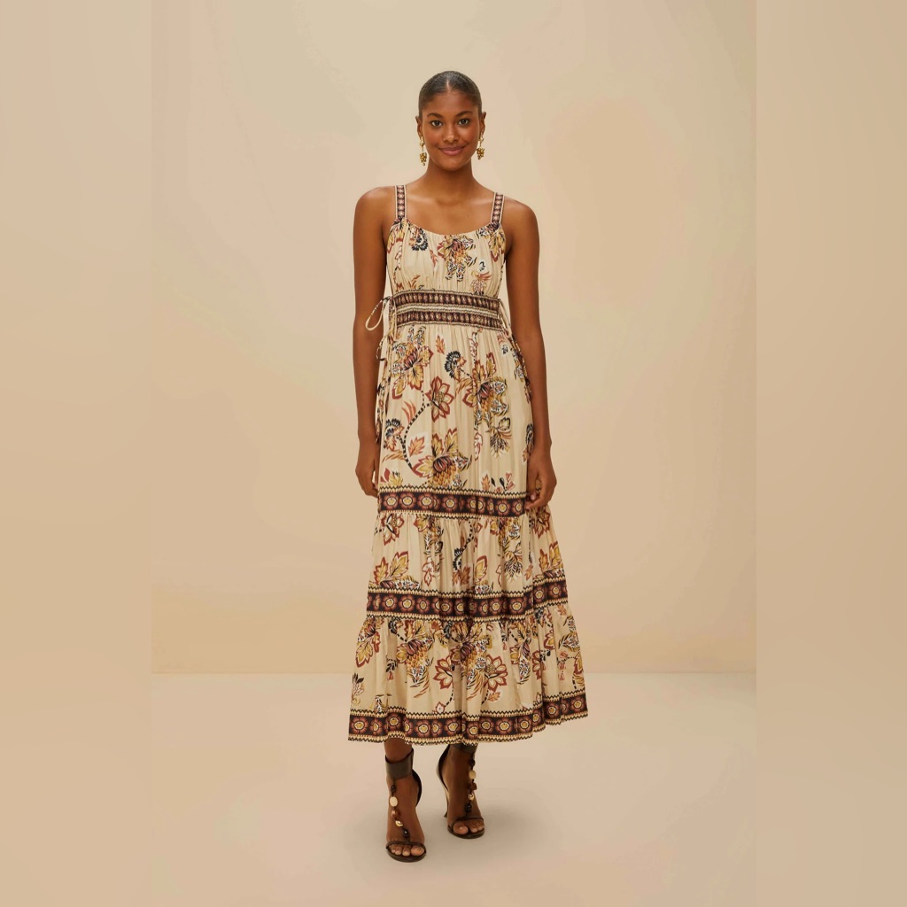 Farm Rio Cream Floral Tiered Midi Dress With Brown Trim